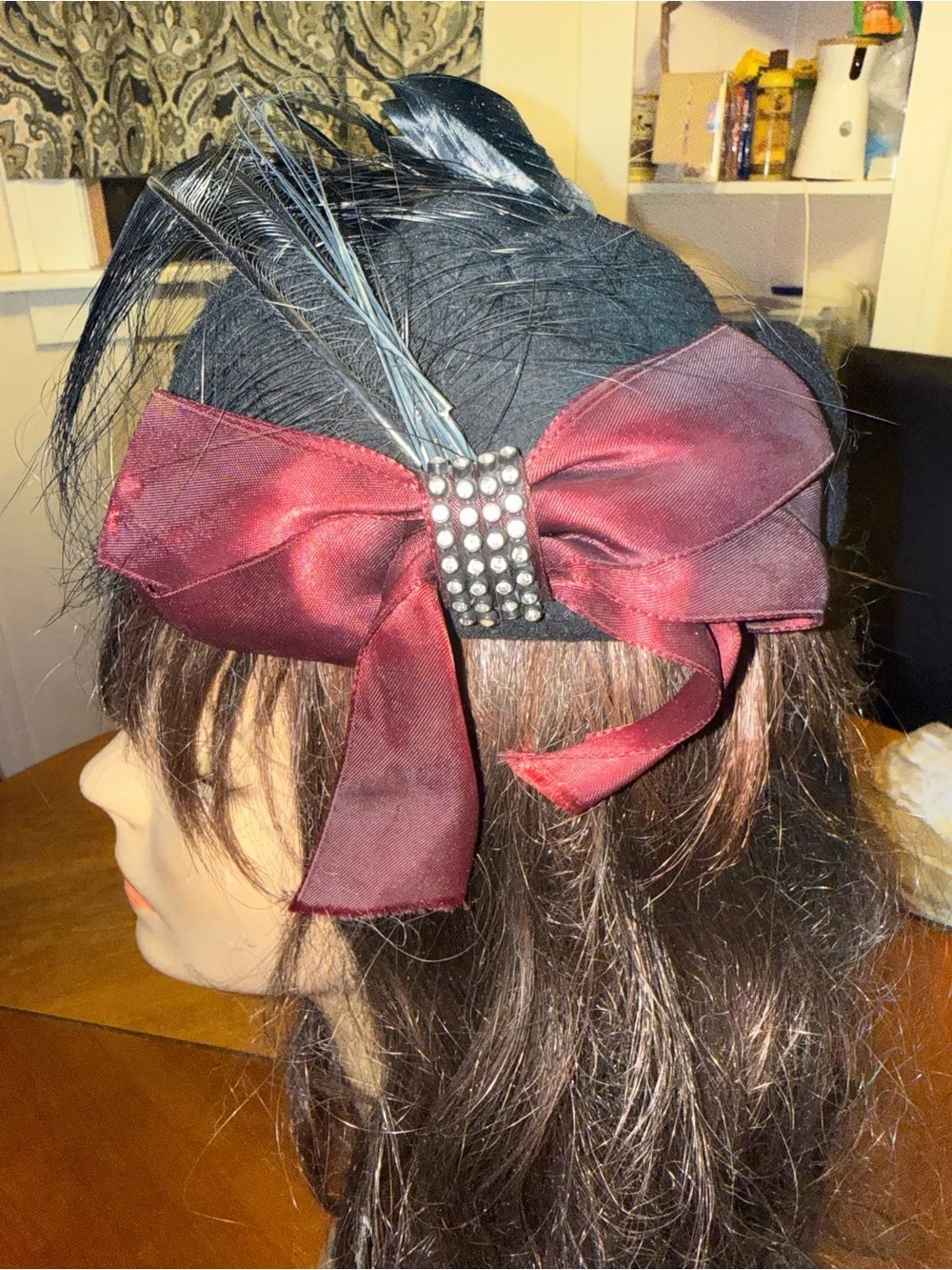 VINTAGE Miss Bierner Michael Howard Black Wool Hat Feather Rhinestone
